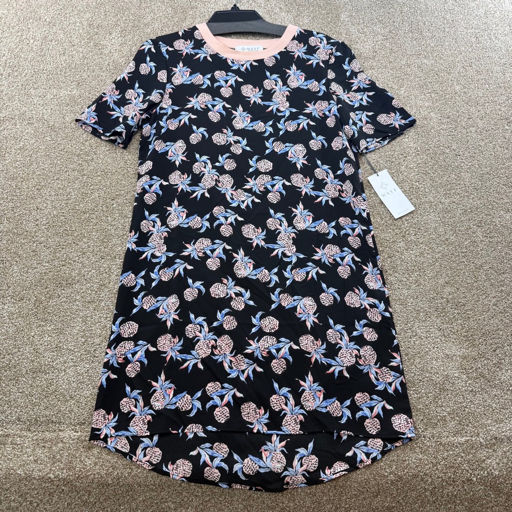 WAYF Womens Small Pineapple Print T-Shirt Dress Black Pink High Low Hem NEW